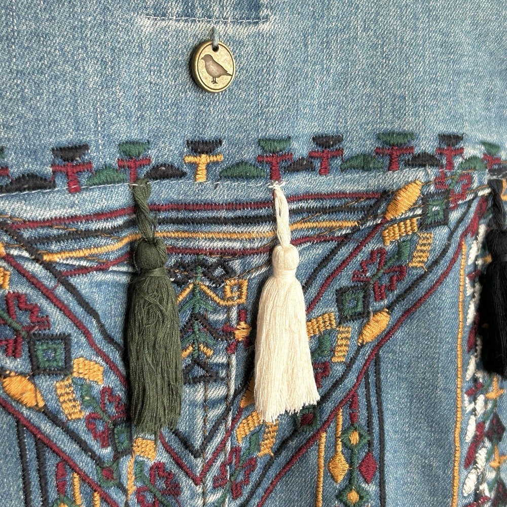 Greenfield Denim Jacket L Boho Festival Indie Western Embroidered Aztec Tassel - Picture 7 of 9